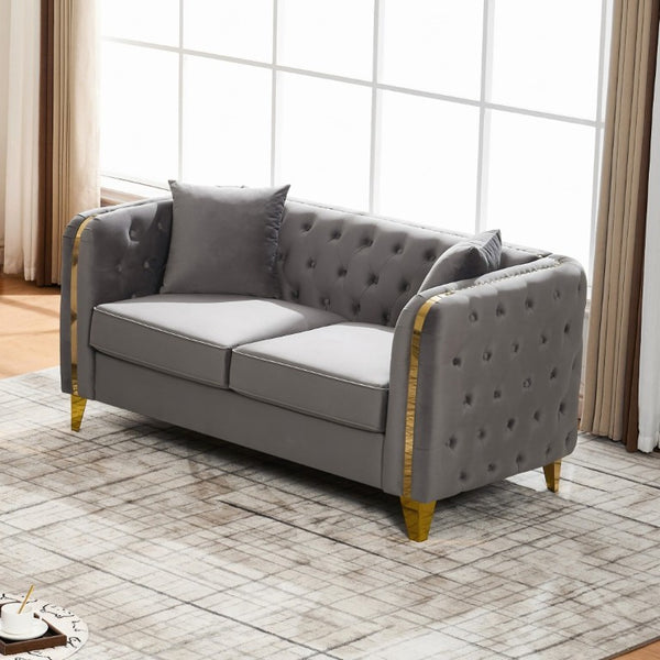 English Elm 61 Inch Velvet Button Tufted Chesterfield Loveseat with Gold Stainless Legs for Home Grey W3373S00094