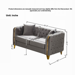 English Elm 61 Inch Velvet Button Tufted Chesterfield Loveseat with Gold Stainless Legs for Home Grey W3373S00094