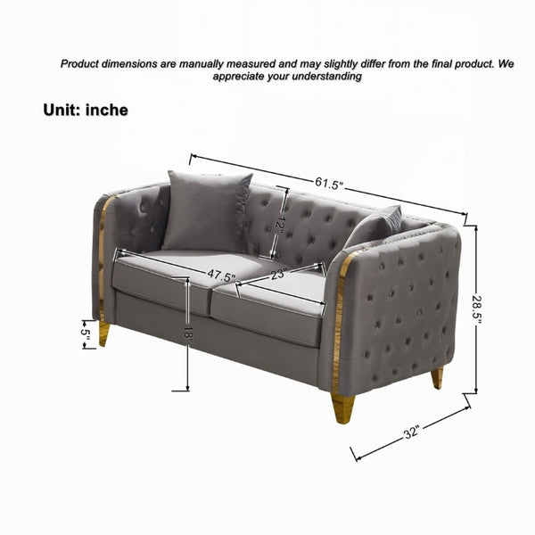 English Elm 61 Inch Velvet Button Tufted Chesterfield Loveseat with Gold Stainless Legs for Home Grey W3373S00094