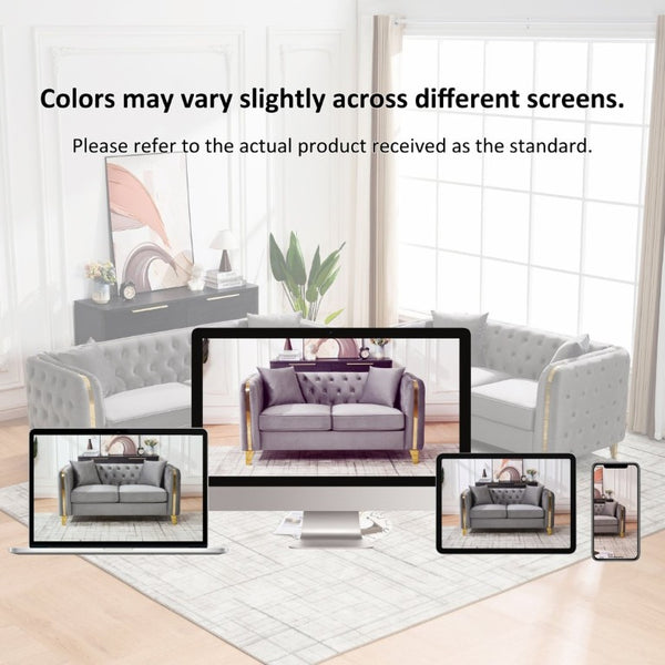 English Elm 61 Inch Velvet Button Tufted Chesterfield Loveseat with Gold Stainless Legs for Home Grey W3373S00094
