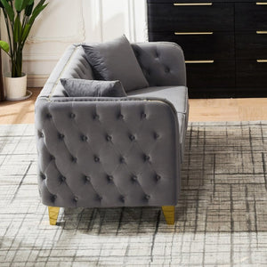 English Elm 61 Inch Velvet Button Tufted Chesterfield Loveseat with Gold Stainless Legs for Home Grey W3373S00094