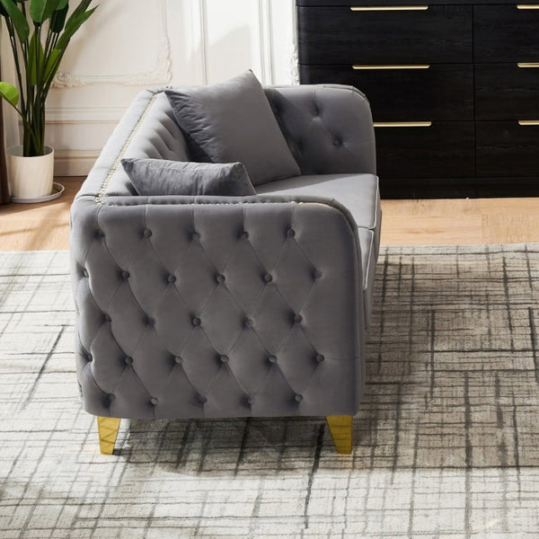 English Elm 61 Inch Velvet Button Tufted Chesterfield Loveseat with Gold Stainless Legs for Home Grey W3373S00094