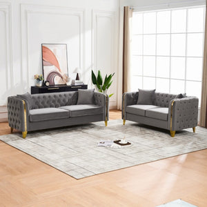 English Elm 3+2 Velvet Chesterfield Sofa Set Button Tufted with Gold Legs for Living Room Grey W3373S00095