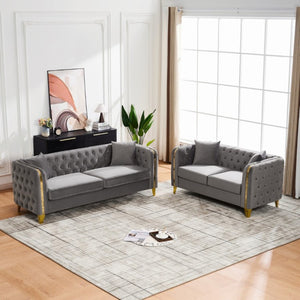 English Elm 3+2 Velvet Chesterfield Sofa Set Button Tufted with Gold Legs for Living Room Grey W3373S00095