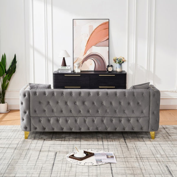 English Elm 3+2 Velvet Chesterfield Sofa Set Button Tufted with Gold Legs for Living Room Grey W3373S00095