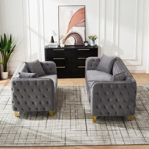 English Elm 3+2 Velvet Chesterfield Sofa Set Button Tufted with Gold Legs for Living Room Grey W3373S00095