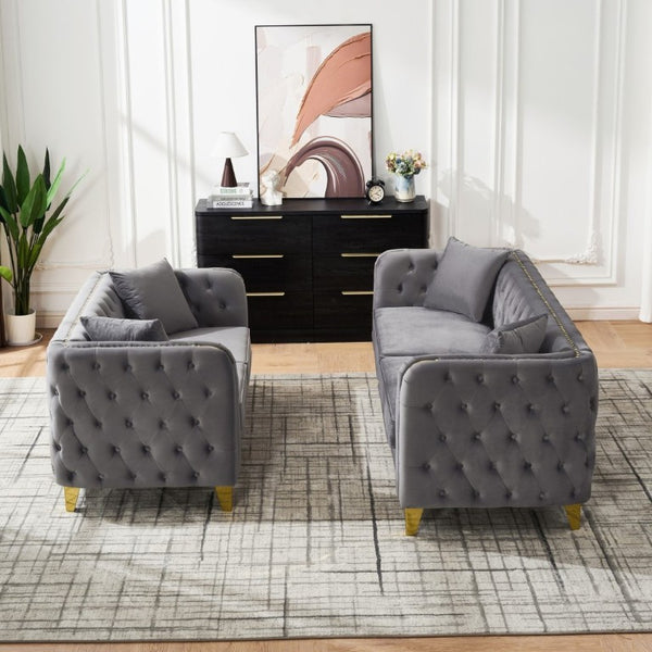 English Elm 3+2 Velvet Chesterfield Sofa Set Button Tufted with Gold Legs for Living Room Grey W3373S00095