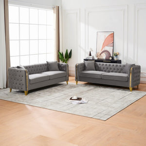 English Elm 3+3 Chesterfield Velvet Sofa Button Tufted Rolled Arms Gold Legs Living Room Seating Grey W3373S00096