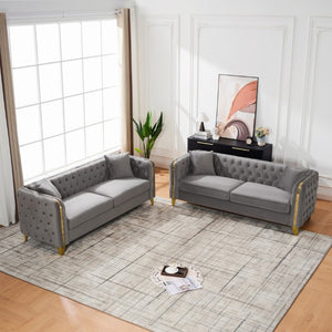 English Elm 3+3 Chesterfield Velvet Sofa Button Tufted Rolled Arms Gold Legs Living Room Seating Grey W3373S00096