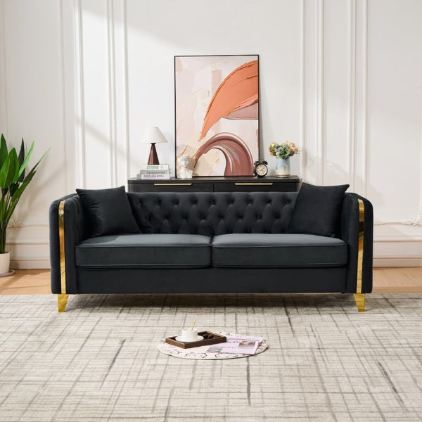 English Elm 81 Inch Chesterfield Velvet Sofa with Button Tufting Gold Piping and Polished Metal Legs Black W3373S00097