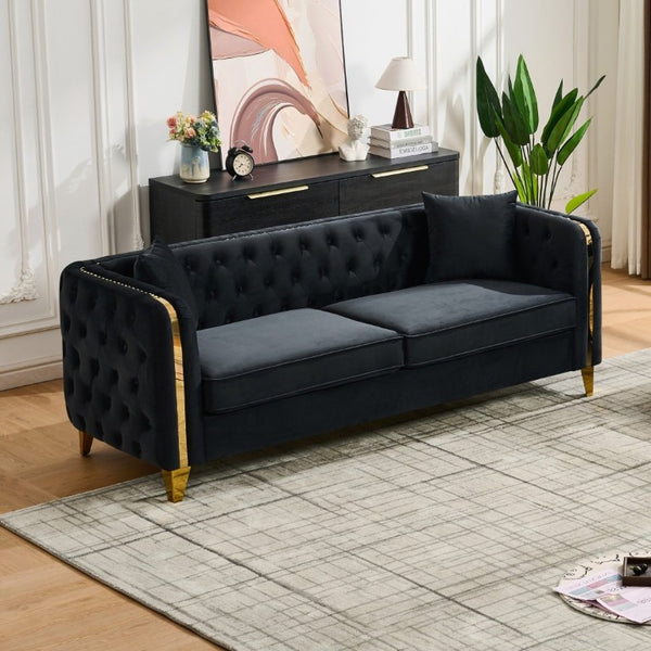 English Elm 81 Inch Chesterfield Velvet Sofa with Button Tufting Gold Piping and Polished Metal Legs Black W3373S00097
