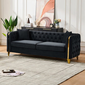 English Elm 81 Inch Chesterfield Velvet Sofa with Button Tufting Gold Piping and Polished Metal Legs Black W3373S00097
