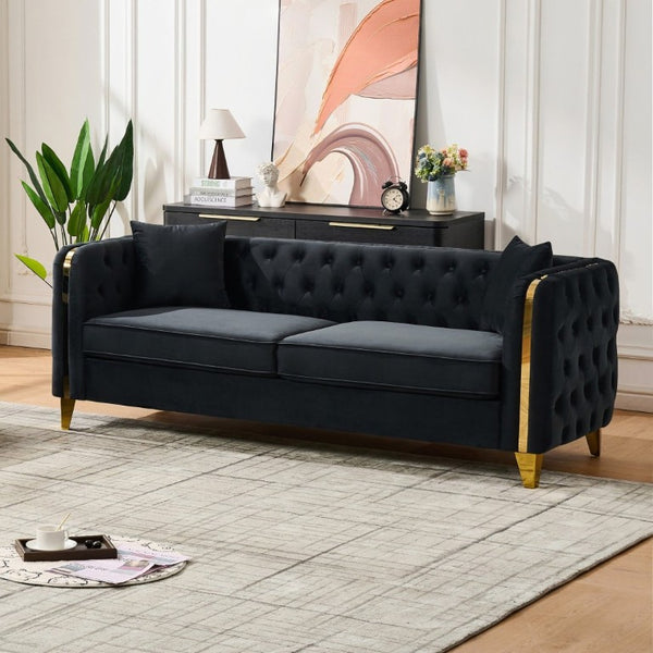 English Elm 81 Inch Chesterfield Velvet Sofa with Button Tufting Gold Piping and Polished Metal Legs Black W3373S00097