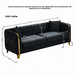 English Elm 81 Inch Chesterfield Velvet Sofa with Button Tufting Gold Piping and Polished Metal Legs Black W3373S00097
