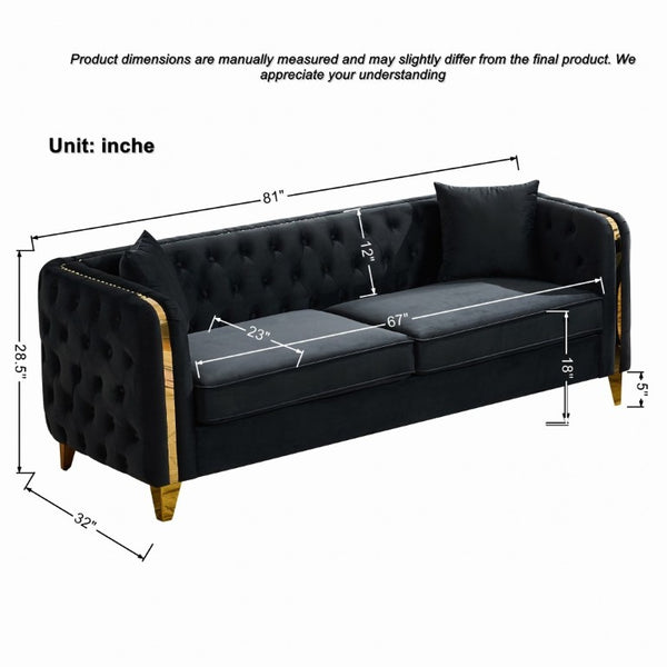 English Elm 81 Inch Chesterfield Velvet Sofa with Button Tufting Gold Piping and Polished Metal Legs Black W3373S00097