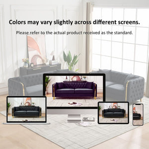English Elm 81 Inch Chesterfield Velvet Sofa with Button Tufting Gold Piping and Polished Metal Legs Black W3373S00097