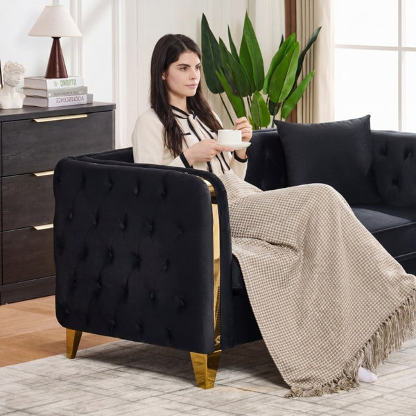 English Elm 81 Inch Chesterfield Velvet Sofa with Button Tufting Gold Piping and Polished Metal Legs Black W3373S00097