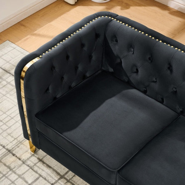 English Elm 81 Inch Chesterfield Velvet Sofa with Button Tufting Gold Piping and Polished Metal Legs Black W3373S00097
