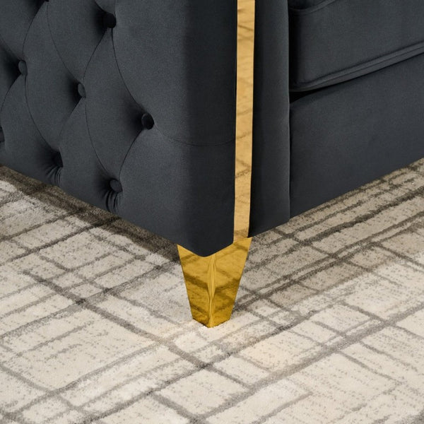 English Elm 81 Inch Chesterfield Velvet Sofa with Button Tufting Gold Piping and Polished Metal Legs Black W3373S00097