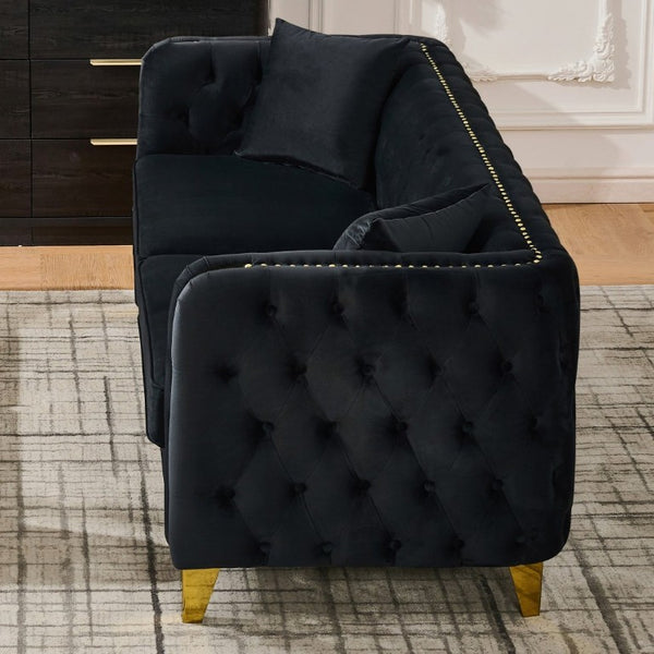 English Elm 81 Inch Chesterfield Velvet Sofa with Button Tufting Gold Piping and Polished Metal Legs Black W3373S00097