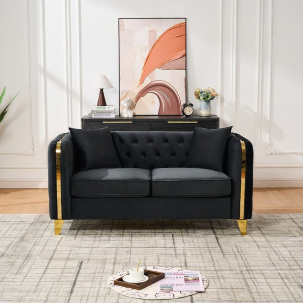 English Elm 61 Inch Velvet Button Tufted Chesterfield Loveseat with Gold Stainless Legs for Home Black W3373S00098