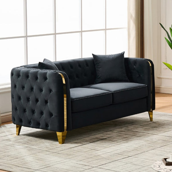 English Elm 61 Inch Velvet Button Tufted Chesterfield Loveseat with Gold Stainless Legs for Home Black W3373S00098