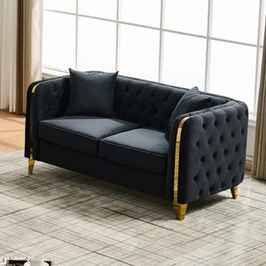 English Elm 61 Inch Velvet Button Tufted Chesterfield Loveseat with Gold Stainless Legs for Home Black W3373S00098