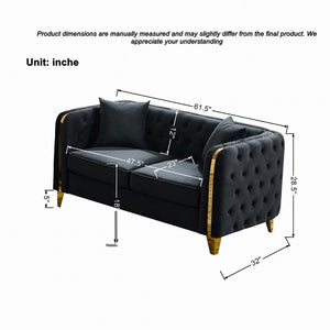 English Elm 61 Inch Velvet Button Tufted Chesterfield Loveseat with Gold Stainless Legs for Home Black W3373S00098