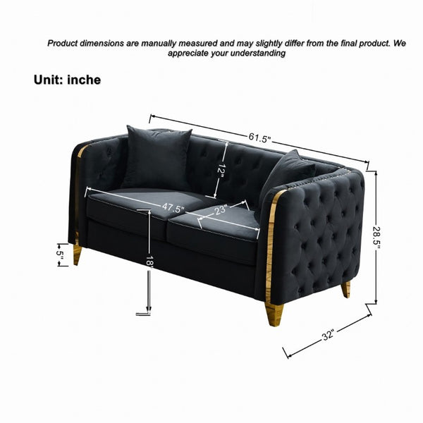 English Elm 61 Inch Velvet Button Tufted Chesterfield Loveseat with Gold Stainless Legs for Home Black W3373S00098