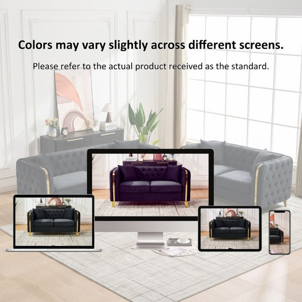English Elm 61 Inch Velvet Button Tufted Chesterfield Loveseat with Gold Stainless Legs for Home Black W3373S00098