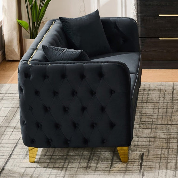 English Elm 61 Inch Velvet Button Tufted Chesterfield Loveseat with Gold Stainless Legs for Home Black W3373S00098