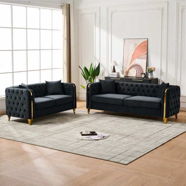 English Elm 3+2 Velvet Chesterfield Sofa Set Button Tufted with Gold Legs for Living Room Black W3373S00099