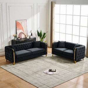 English Elm 3+2 Velvet Chesterfield Sofa Set Button Tufted with Gold Legs for Living Room Black W3373S00099