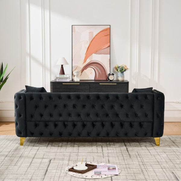 English Elm 3+2 Velvet Chesterfield Sofa Set Button Tufted with Gold Legs for Living Room Black W3373S00099