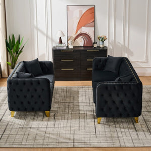 English Elm 3+2 Velvet Chesterfield Sofa Set Button Tufted with Gold Legs for Living Room Black W3373S00099