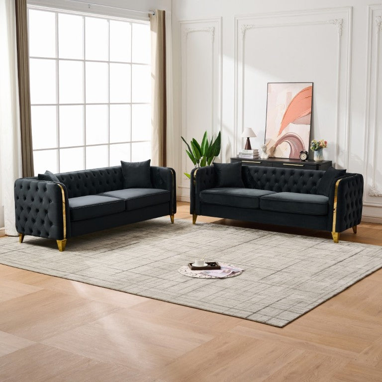 English Elm 3+3 Chesterfield Velvet Sofa Button Tufted Rolled Arms Gold Legs Living Room Seating Black W3373S00100