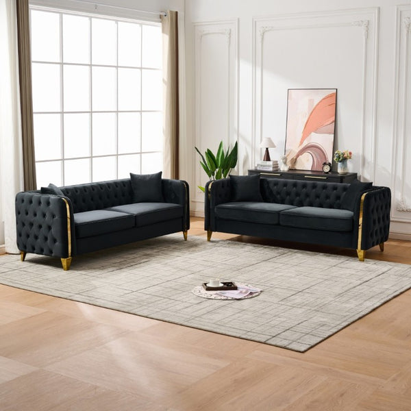 English Elm 3+3 Chesterfield Velvet Sofa Button Tufted Rolled Arms Gold Legs Living Room Seating Black W3373S00100