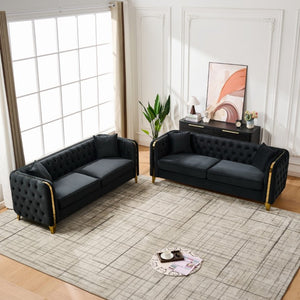English Elm 3+3 Chesterfield Velvet Sofa Button Tufted Rolled Arms Gold Legs Living Room Seating Black W3373S00100