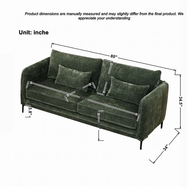English Elm 80 Inch Three Seat Chenille Sofa with Metal Legs for Modern Living Room Spaces Green W3373S00101