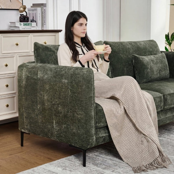 English Elm 80 Inch Three Seat Chenille Sofa with Metal Legs for Modern Living Room Spaces Green W3373S00101