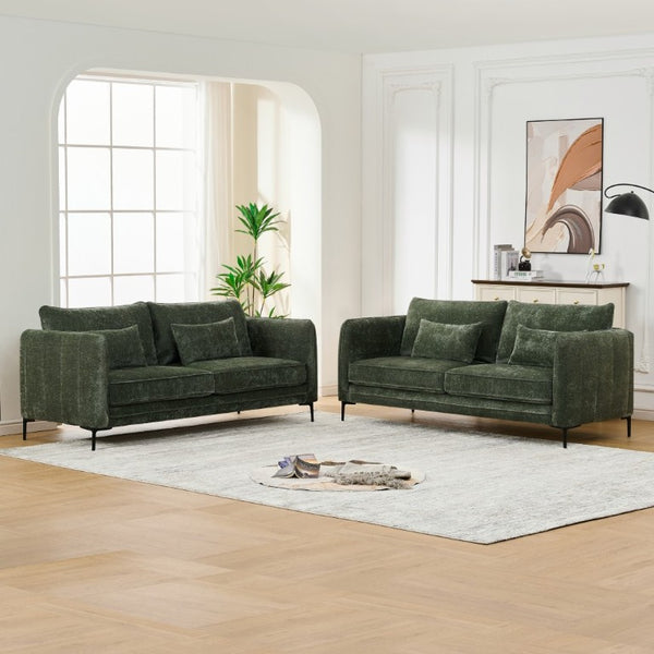English Elm 3+3 Chenille Upholstered Sofa Solid Wood Frame Slim Metal Legs Modern Living Room Green W3373S00103