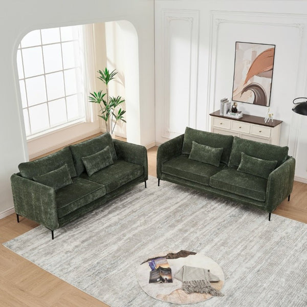 English Elm 3+3 Chenille Upholstered Sofa Solid Wood Frame Slim Metal Legs Modern Living Room Green W3373S00103