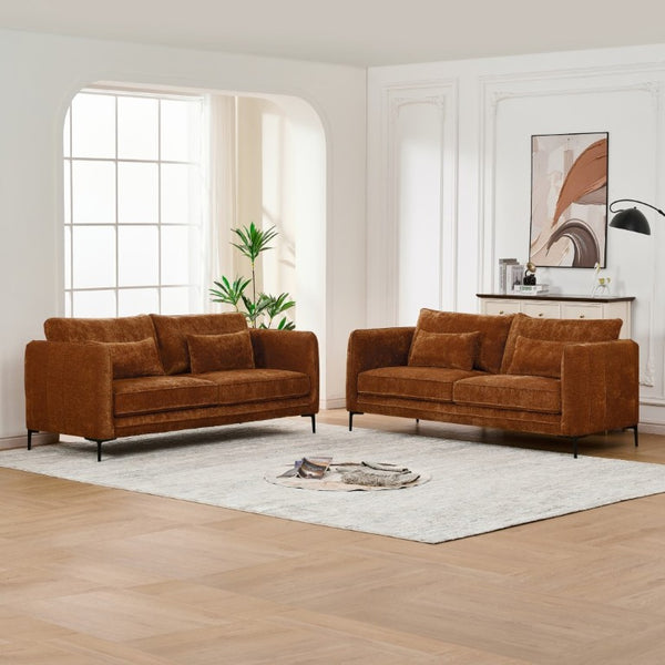 English Elm 3+3 Chenille Upholstered Sofa Solid Wood Frame Slim Metal Legs Modern Living Room Caramel W3373S00104