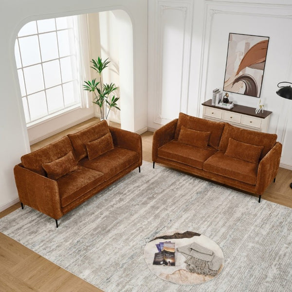 English Elm 3+3 Chenille Upholstered Sofa Solid Wood Frame Slim Metal Legs Modern Living Room Caramel W3373S00104