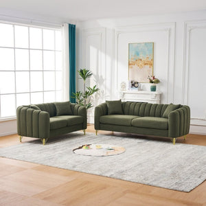 English Elm Oversized Chenille Three Seat Sofa with Button Tufting and Gold Legs for Living Room W3373S00107