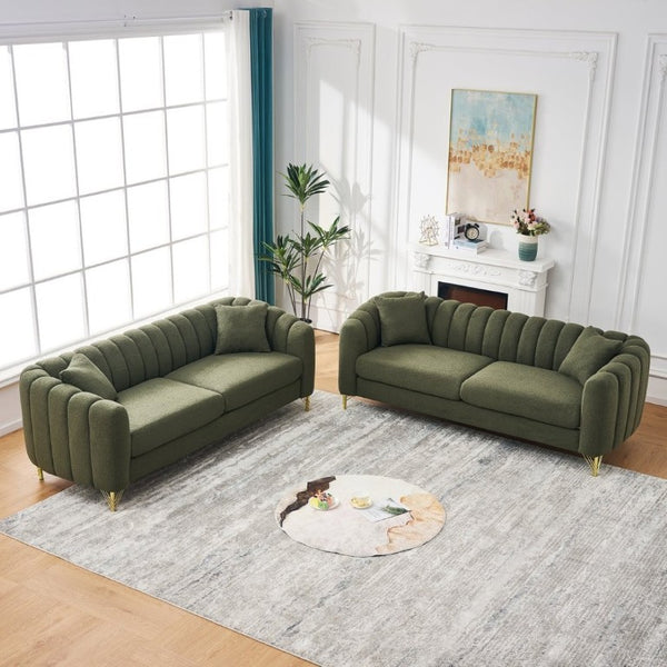 English Elm Oversized Chenille Three Seat Sofa with Button Tufting and Gold Legs for Living Room W3373S00107