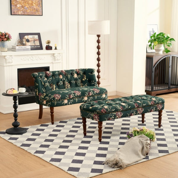English Elm Sofa Chair Tufted Floral Accent Seat with Turned Wood Legs for Bedroom or Balcony W3373S00109