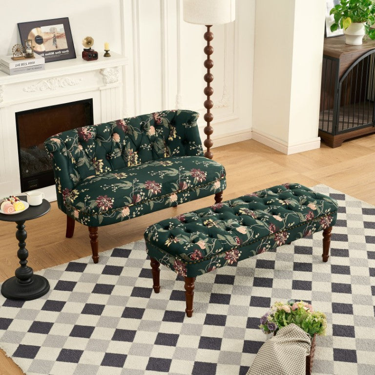 English Elm Sofa Chair Tufted Floral Accent Seat with Turned Wood Legs for Bedroom or Balcony W3373S00109