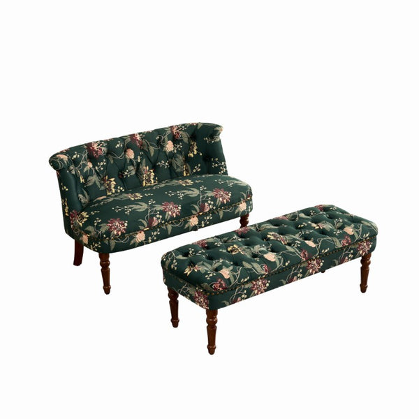 English Elm Sofa Chair Tufted Floral Accent Seat with Turned Wood Legs for Bedroom or Balcony W3373S00109