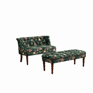 English Elm Sofa Chair Tufted Floral Accent Seat with Turned Wood Legs for Bedroom or Balcony W3373S00109